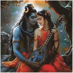 Mahadev With Maa Parvati God Wall Poster For Pooja Room, Living Room, Office (Size -40Cm X 40Cm) Vinyl