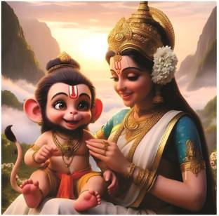 Rc Decor Bal Hanuman With Mata Anjani Wall Poster for Pooja Room Living Room, Kids Room (Size - 45Cm X 45Cm) 3D Poster