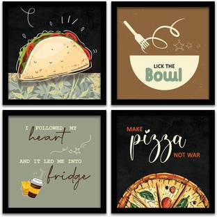 Kitchen Funny Quotes Wall Paintings for Cafe and Restaurant - Framed Food Wall Posters for Food Court Dinning Space - Wall Hangings for Cafeteria ( 11 x 11 inch ) Set of 4 Paper Print