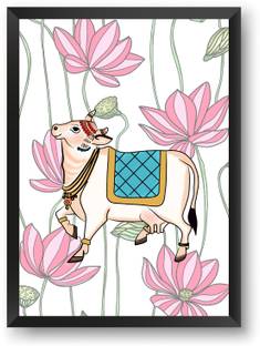 COW PICHWAI LOTUS TRADITIONAL PAINTING DIGITAL PRINT Wall Frame - Black Framed Wall Poster For Home And Office With Frame, (12.6*9.6) Photographic Paper