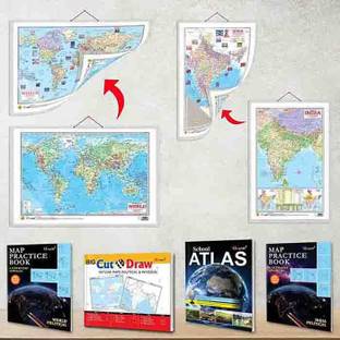 India POLITICAL - MAP PRACTICE BOOK, WORLD POLITICAL - MAP PRACTICE BOOK, BIG CUT & DRAW OUTLINE MAPS POLITICAL & PHYSICAL, 2 IN 1 India POLITICAL AND PHYSICAL MAP IN ENGLISH, 2 IN 1 WORLD POLITICAL AND PHYSICAL MAP IN ENGLISH and SCHOOL ATLAS (ENGLISH) - MAPLITHO | Pack of 3 Book + 2 chart + 1 atlas Book | Map Essentials: Complete Political and Physical Map Practice Set (India, World, and School Atlas) - English Edition Paper Print