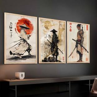 Samurai Posters with Frame | Aesthetic Samurai Characters Posters with Frames | Japanese Art Framed Poster for Bedroom Living Room Gaming Room Wall Decor Set Of 3 Paper Print