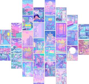 Paper9store Pack of 30 Pastel Anime Poster Set |Aesthetic Room Decor| Self Adhesive Wall Posters Kit for Dorm Decoration| Aesthetic anime Decor Posters| Aesthetic wall posters Photographic Paper