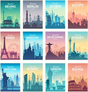 Vintage (Pack of 12) City Posters, Super Self Adhesive, Perfect for Decorating Walls Popular City Posters for Wall Collage Kit Paper Print
