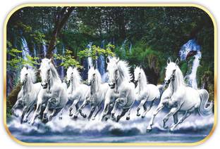 saf 7 Horses Sparkle Lamination Finished Surface Golden Slim Frame Digital Reprint 14 inch x 20 inch Painting