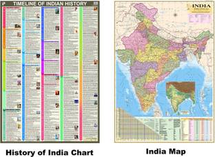 (Pack of 2) History of India Chart and India Map. 100x70 cm (40"x28" inch) With New Union Territories of Jammu & Kashmir and Ladakh. Updated Chart/Map. Paper Print