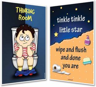 Combo Set of 2 Thinking Room Tinkle Funny Posters | Posters for Washroom Toilet Bathroom Home Office (12x18 inches, Multicolor, 2 Prints Set, Unframed) Fine Art Print
