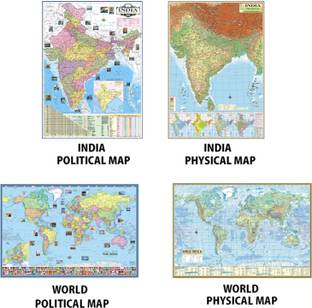 WORLD MAP and INDIA MAP (POLITICAL and PHYSICAL MAP) Pack of 4 All map size : 100x70 cm (40"x28" inch). Update : 2020 Paper Print