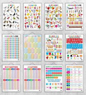Birds, Flowers, Alphabet, Numbers 1-10, Numbers 1-100, Multiplication Table 1-20, Numbers, Shapes & Colours, Alphabet, Numbers, Shapes & Colours, SUBTRACTION, ADDITION, NUMBERS AND FRACTIONS and MATHS KEYWORDS|combos of 12 hard laminated charts|Unlocking Knowledge: The Complete Set of 12 Educational Charts Paper Print