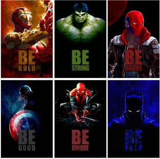 Superhero's Wall Posters and Inspirational, Motivational Quotes, (Iron Man, Batman, Dead Pool, Superman, Spiderman, Hulk) for Office, Home and gym, Pack of 06 Paper Print (18 inch X 12 inch), Rolled Paper Print