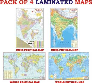 World Map & India Map ( Both Political & Physical ) | LAMINATED Combo of 4 Maps | Printed on Both Sides | Size : 45 x 30 cm | Photographic Paper