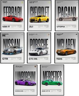 Car Posters Set of 8 A4 Size - Car posters for wall Boys room - Super car poster - Porsche poster, BMW poster - Car wallpaper - Gifting ideas for men boys - Cars gift - Car Wall Art - Car stickers for wall Photographic Paper