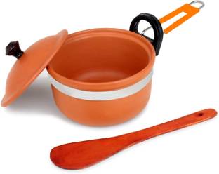 KSI Handmade 1.5L Clay Pot with Lid & Wooden Spatula | For Tea, Milk & cooking Sauce Pan 24 cm diameter with Lid 1.2 L capacity