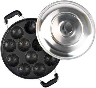 ATROCK Aluminium 12 Cavity Appam Patra Paniyarakkal Two Side Handle with Steel lid Paniarakkal with Lid 0.5 L capacity 24 cm diameter