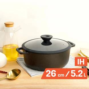 Meyer Pre-Seasoned Cast Iron Dutch Oven/Sauteuse With Glass Lid Dutch Oven with Lid 5.2 L capacity 26 cm diameter