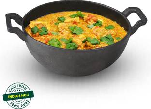 The Indus Valley Pre-Seasoned Cast Iron Deep Kadai with Curved Handles - 8 inch Kadhai 21 cm diameter 1.7 L capacity