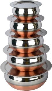 RBGIIT Perfect Copper Handi Set for Everyday Use Whether you want to cook a delicious serving of your favourite sabzi or heat leftover curries from the previous day, the 5-piece copper handi set, Prabhu Chetty, Curved Copper Plate at Bottom, Best Quality Stainless Steel Copper Bottom 5 Pic Handi Pot Set, Brown & Steel, 5 Pic Handi Copper Vegetable Bowl ,Cooking Dinner Table Serving Biryani Pot Handi Kadhai , Panikarilikka Steel Handi 5 Pices Sets Handi 0.65 L, 0.85 L, 1.23 L, 1.83 L, 2.45 L (Stainless Steel) Handi 0.65 L, 0.85 L, 1.23 L, 1.83 L, 2.45 L with Lid