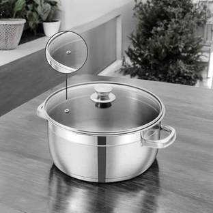 Strobine Steel Handi With Glass Lid, Casserole with Lid, Cook & Serve / Mysore Handi Kadhai 14 cm diameter with Lid 1.5 L capacity
