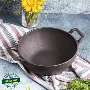 The Indus Valley Pre-Seasoned Cast Iron Deep Kadai with Curved Handle - 9.8 inch Kadhai 25 cm diameter 3.2 L capacity