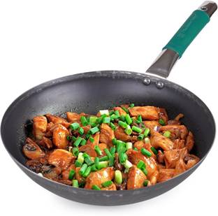 The Indus Valley Pre-seasoned Light Iron Wok with Long handle and Silicone Grip - 9.7inch Chinese Wok 2 L capacity 24.6 cm diameter