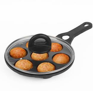The Indus Valley Pre-Seasoned Cast Iron Paniyaram Pan with Long Handle|Glass Lid|7 Pit- 8.3 inch Paniarakkal with Lid 0 L capacity 21 cm diameter