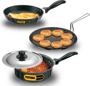 Hawkins Futura 3 Pieces Cookware Set 1 - Flat Tava, Frying,Curry Pan Combo NA Pan 22 cm diameter with Lid 1 L capacity
