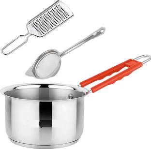 IDEAL PRIME Durable Stainless Steel Saucepan Grater Strainer Combo(3 Pieces) Kitchen Tool Sauce Pan 18 cm diameter 1 L capacity