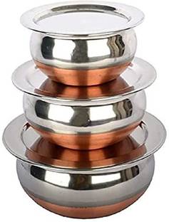 Moda ji 3 PCS Cooking and Serving Copper Bottom Handi Set with LID Handi 0.8 L, 1.1 L, 1.6 L with Lid