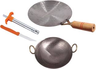 KITCHEN SHOPEE Iron cookware Set Iron deep Kadai kadhai for Cooking Iron Tawa for Roti Chapathi Kadhai 22.86 cm, 22.86 cm diameter 2 L capacity