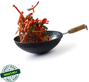 The Indus Valley Light Iron Chinese Wok with Strong Wooden Handle - 10 inch Wok 2.2 L capacity 25.4 cm diameter