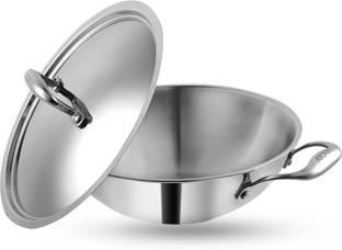 VINOD Platinum Triply Stainless Steel Extra Deep Kadai with Stainless Steel Lid Kadhai 18 cm diameter with Lid 1.1 L capacity
