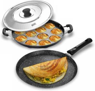 NSVL Non-Stick Dosa Tawa & Appam Maker | Granite Finish | PFOA Free Tawa Paniarakkal Set with Lid 1 L capacity 26.5 cm diameter