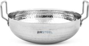 Airsteel Stainless Steel Heavy Base Hammered Kadhai 32 cm diameter with Lid 4.5 L capacity