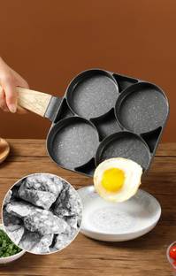 draval Non Stick Round shape Egg Frying pan with 4 Blocks Fry pan with Wooden Handle Fry Pan 15 cm diameter 1 L capacity