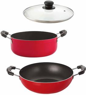 NIRLON Nirlon Aluminium Non-Stick Cookware Set(Kadhai|Casserole|1 Glass Lid) Kadhai 24 cm, 20 cm diameter with Lid 2 L, 3.1 L capacity