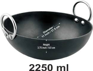 VeerEnterprises Ms Pure Iron / Loha Deep Frying 11 Inches Kadhai 27.5 cm diameter 2.25 L capacity