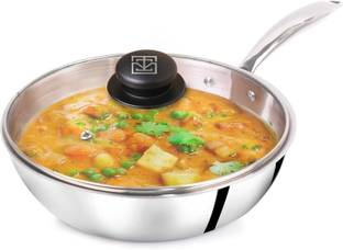 The Indus Valley Triply Stainless Steel Fry Pan with Glass Lid and Long Handle - 9.4 inch Fry Pan 24 cm diameter with Lid 1.7 L capacity