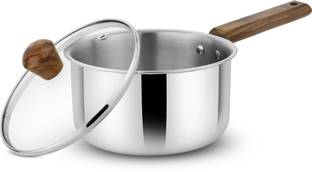 PRABHA Tri-Ply Deep Saucepan with Lid, Wooden Handle, Induction & Gas Stove, Non Toxic Sauce Pan 12 cm diameter with Lid 0.9 L capacity