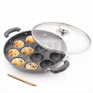NSVL Heavy-BASE Non-Stick 12 Cavity Appam Patra with Glass Lid | Appam Maker Appachatty with Lid 1 L capacity 24 cm diameter