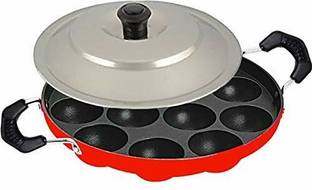 HoneyDell Good Red Appam 12 cavity with lid Pancake Pan 22 cm diameter with Lid 1 L capacity