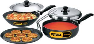 Hawkins Futura 3 Pc Cookware Set 3-Flat Tava, All-Purpose and Stir-Fry Pan Combo (NSET3) Tawa 22 cm diameter with Lid