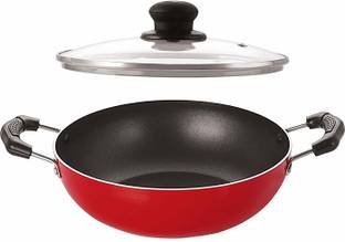 NIRLON Nonstick Coated Aluminium Deep Kadhai Big Size Kadhai 24 cm diameter with Lid 3 L capacity