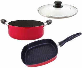 NIRLON Nirlon Non Stick Aluminium Cookware Set (Casserole|Grill Pan|1 Glass Lid) Grill Pan 24 cm, 24.5 cm diameter with Lid 3.1 L capacity