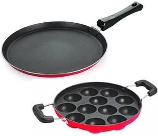 Kushi Appam patra 12 cavity and Dosa Tawa Non stick, Smooth Handle Tawa 23 cm, 28 cm diameter with Lid