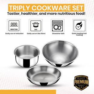 Sigri-wala Cook Healthy Triply Combo set Kadhai 24 cm, 16 cm, 22 cm diameter 2.2 L, 1.6 L, 1.3 L capacity