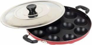 Drunna 12 Cavity Grill Appam Patra 2 Side Handle with Stainless Steel Lid | Appam Maker Taper Fry Pan 22 cm diameter with Lid 0.25 L capacity