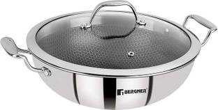 BERGNER Hitech Triply Non-Stick Kadhai with Non-Stick Mesh Pattern Inside, Wok with Lid 4 L capacity 28 cm diameter