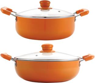 NIRLON Ceramic 2-Piece Induction Base Cookware Kadai & Casserole Set with lid Kadhai 24 cm diameter with Lid 2.1 L capacity