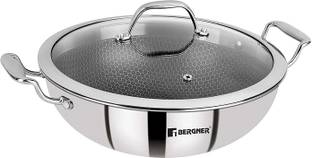 BERGNER Stainless Steel Induction Bottom Gas Stove Friendly Kadhai Wok Set with Lid 1.5 L capacity 20 cm diameter