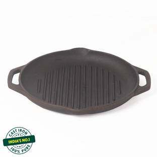 The Indus Valley Pre-Seasoned Cast Iron Round Grill Pan With Double Handle - 10.5 inch Grill Pan 26.7 cm diameter 0.6 L capacity